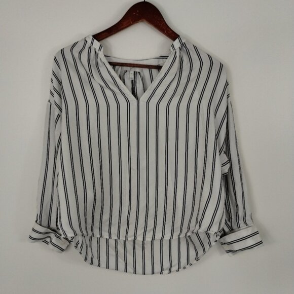 Joie 100% Silk V Neck Blouse Size XS Striped White Black Classic Workcore - Picture 1 of 11